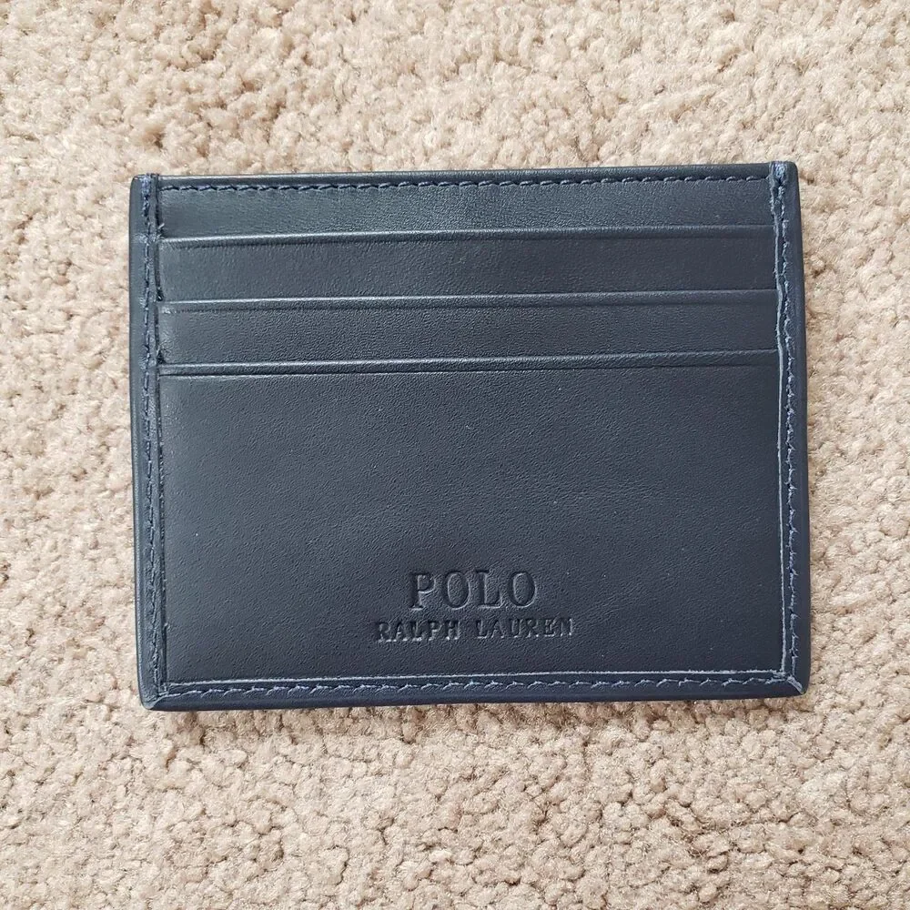 NWT Polo Ralph Lauren Golf Polo Bear Newport Navy Leather Card Case Embroidered